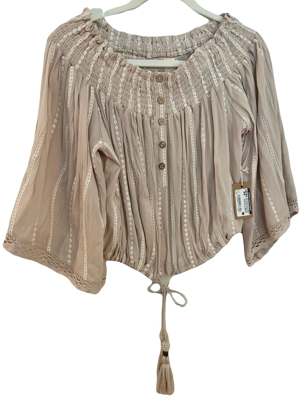 Surf Gypsy Boho Smocked Peasant Blouse - Taupe